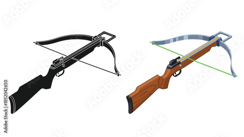 Detailed illustration of two crossbows one black and one with a wooden finish