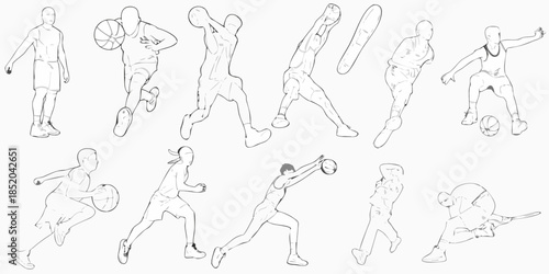 Dynamic sketches of basketball players in various action poses and movements