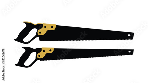 Two black hand saws with yellow handles isolated on a white background