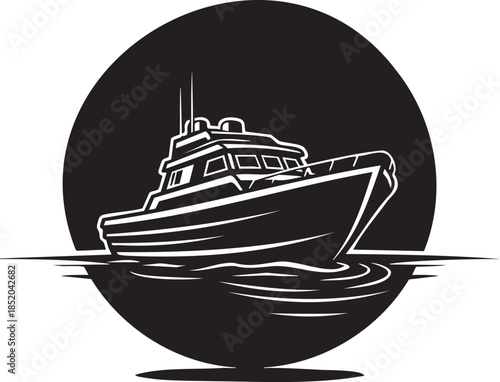 Stylized monochrome emblem featuring a sleek motorboat or patrol vessel in a dark circle