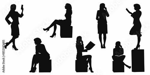 Silhouettes of fashionable women in various poses and business attire