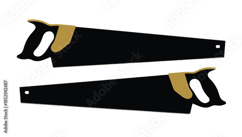 Two black hand saws with golden handles are displayed on a white background