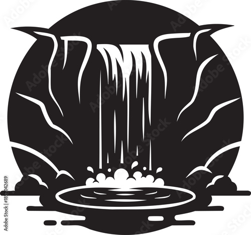 Minimalist black and white illustration of a waterfall cascading into a serene pool