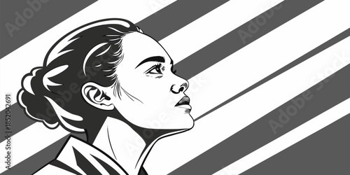 Striking black and white pop art illustration of a thoughtful woman looking upward against stripes