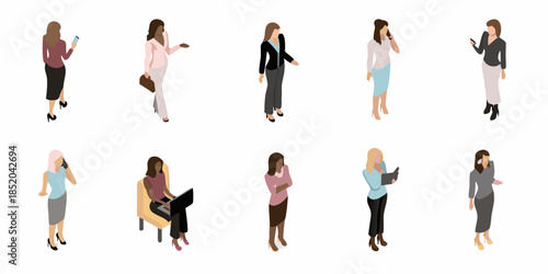 Isometric illustration of diverse businesswomen in various professional poses and attire