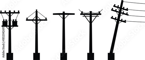 Silhouette collection of utility poles with electrical equipment power pole electricity pole