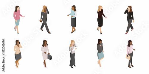 Diverse group of women in business attire walking and using mobile phones
