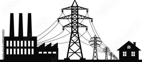 Silhouette of factory, power line towers, and house connected by electricity power plant chimneys