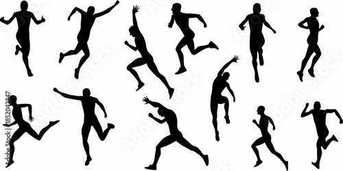 Silhouettes of people in various running and jumping poses against white background