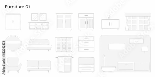 A collection of furniture outlines including cabinets sofas and storage units