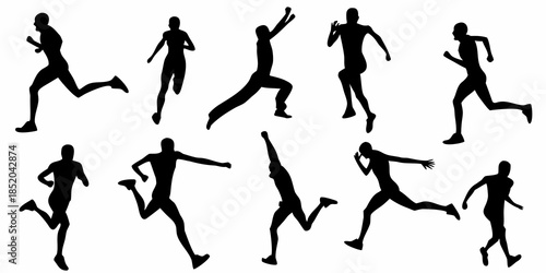 Silhouettes of people running and exercising in various dynamic poses