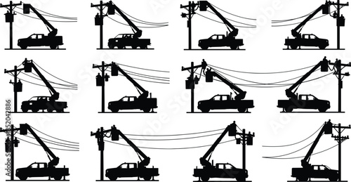 Silhouette of utility worker in bucket truck repairing power lines on poles Keywords: utility worker, power lines, electricity