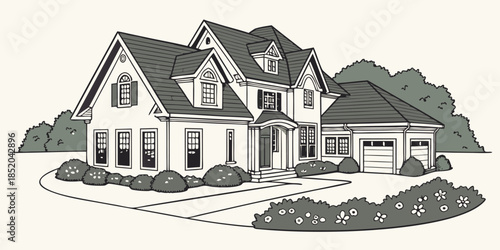 Stylized black and white illustration of a large suburban colonial home with attached garage and landscaping