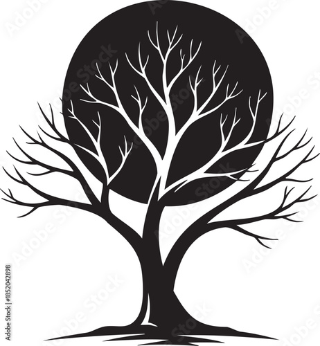 A stark silhouette of a bare tree with intricate branches against a dark circular background