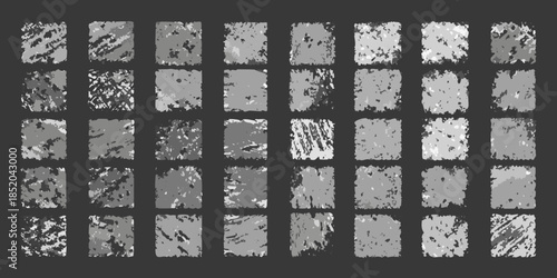 Arrangement of distressed square textures in grayscale presented as a grid