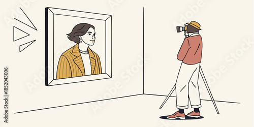 Photographer capturing a professional portrait of a stylish woman in an art gallery setting