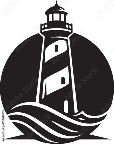 A striking monochrome lighthouse icon standing tall amidst swirling waves, guiding ships