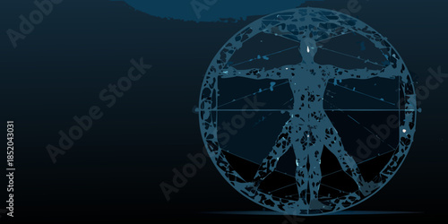 A glowing blue human form within a geometric spherical framework in darkness