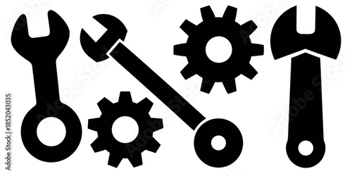 Black silhouette icons representing engineering tools and mechanical gears for industry maintenance concept