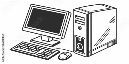 Stylized black and white illustration of a complete desktop computer system with monitor keyboard and mouse