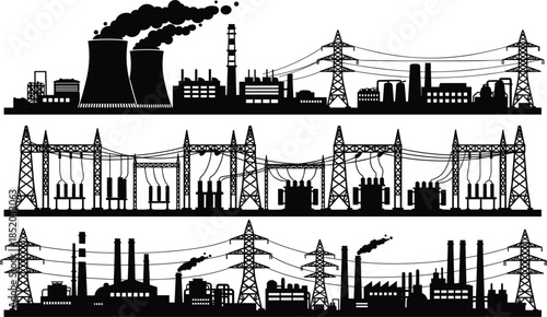 Silhouettes of Industrial Power Plants and Transmission Towers industry energy