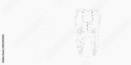 An abstract textured white background with scattered dark specks and a tooth shape