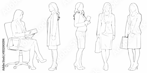 Line art illustration of four women in professional attire various poses