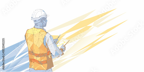 Construction worker with safety vest and hard hat viewed from behind