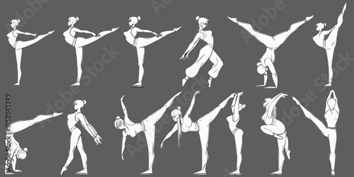 A sequence of elegant female figures demonstrating various dynamic yoga and dance postures