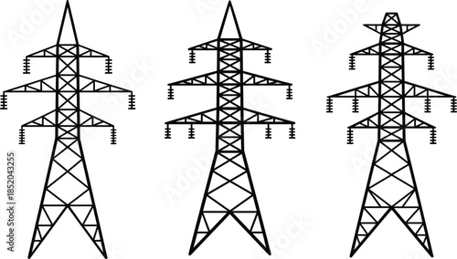 Three Different Styles of High Voltage Power Line Towers on White Background electricity transmission