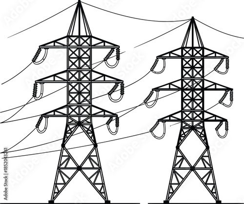 Two Outline High Voltage Electricity Towers with Wires power transmission
