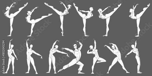 Dynamic ballet poses and expressive dance figures illustrated in a minimalist style
