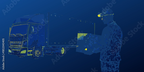 A truck and a worker with a tablet in a digital abstract style