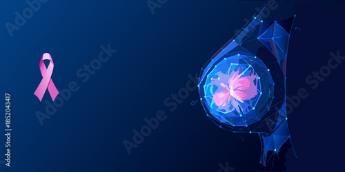 Breast cancer awareness ribbon with abstract polygonal breast illustration