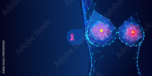 Polygonal illustration of female breasts with a pink ribbon for cancer awareness