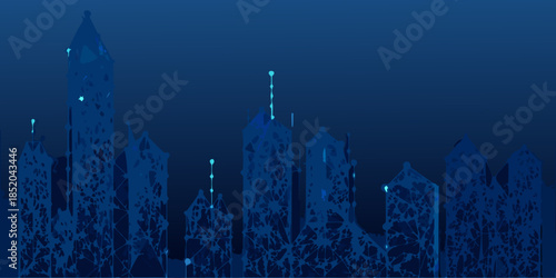 Abstract blue cityscape with glowing lights against a dark background
