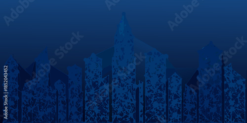 Abstract blue cityscape silhouette against a dark gradient background