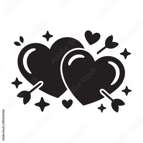 Two hearts pierced by arrows with sparkling stars