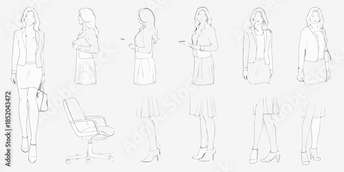 Fashion sketches of women in business attire and office furniture design