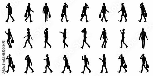 Silhouettes of people walking in various poses and directions a dynamic sequence