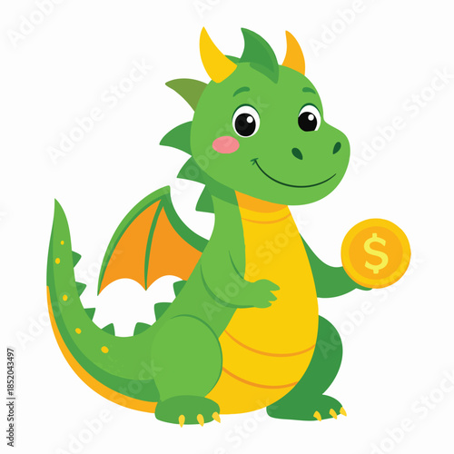 Smiling green cartoon dragon holding coin.