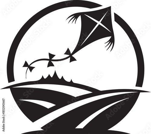 A serene outdoor scene featuring a kite soaring above gentle hills in a circular design