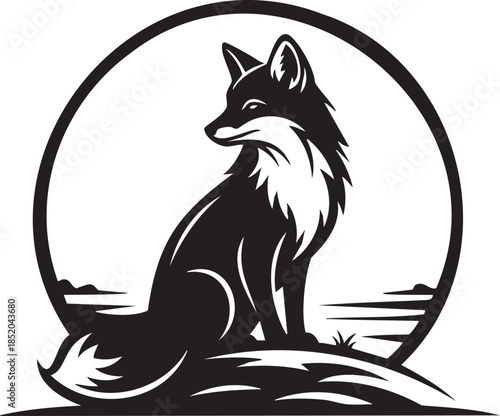 Stylized black and white fox sitting majestically in a circular frame