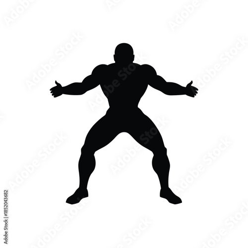 Muscular male bodybuilder posing with arms outstretched in a powerful silhouette