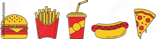 Flat vector set of 5 fast food items burger french fries soda cup hot dog and pizza slice
