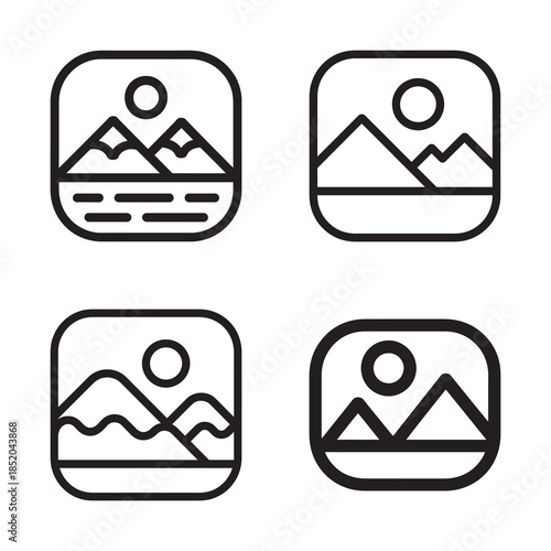 Simple outline icons of mountains and water under the sun