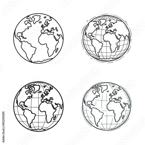 Four hand-drawn illustrations of planet earth