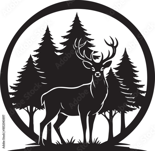 Majestic stag silhouette standing in a pine forest captured within a circular frame