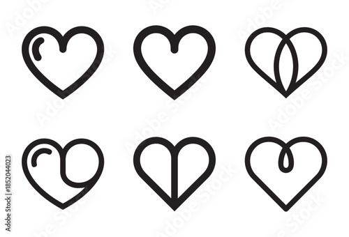 Collection of six unique heart shape icons in outline style