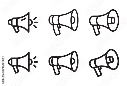 Collection of six megaphone icons in black and white line art